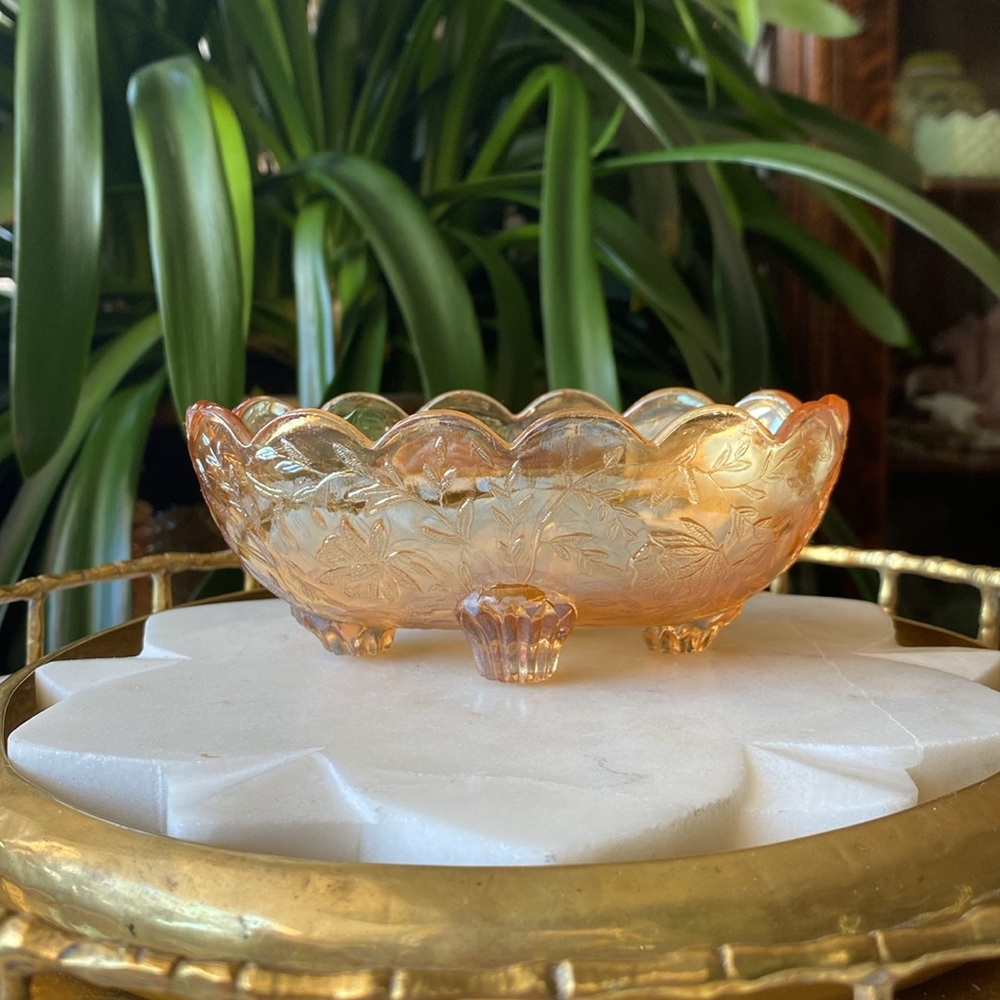 1950’s Jeannette Floragold Marigold Iridescent Carnival Glass Vintage Candy Dish
